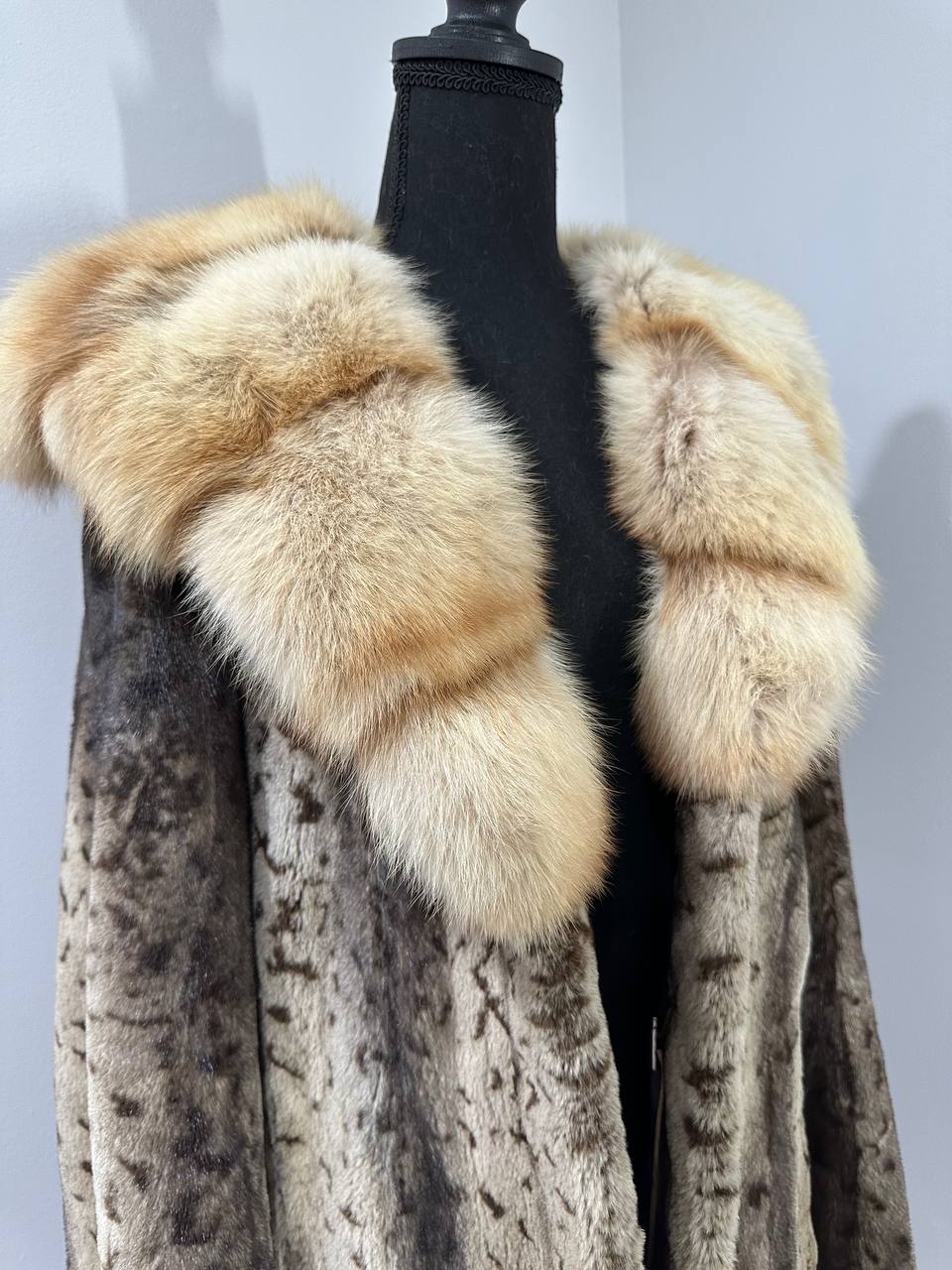 NEW Sheared Mink Jacket – Lynx Print – Red Fox Hooded– FURSTAR 1201138 S size