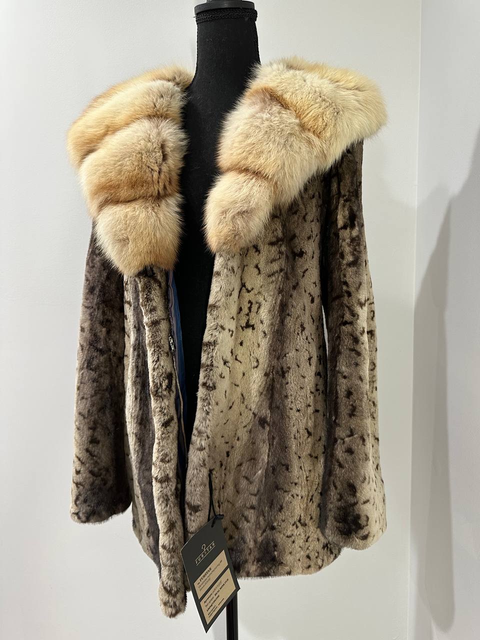 NEW Sheared Mink Jacket – Lynx Print – Red Fox Hooded– FURSTAR 1201138 S size