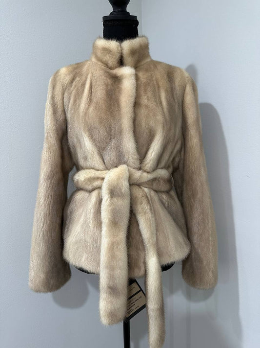 NEW Beige Pastel Mink Fur Jacket – Short Coat Size S 1201136 belted Elegant Warm