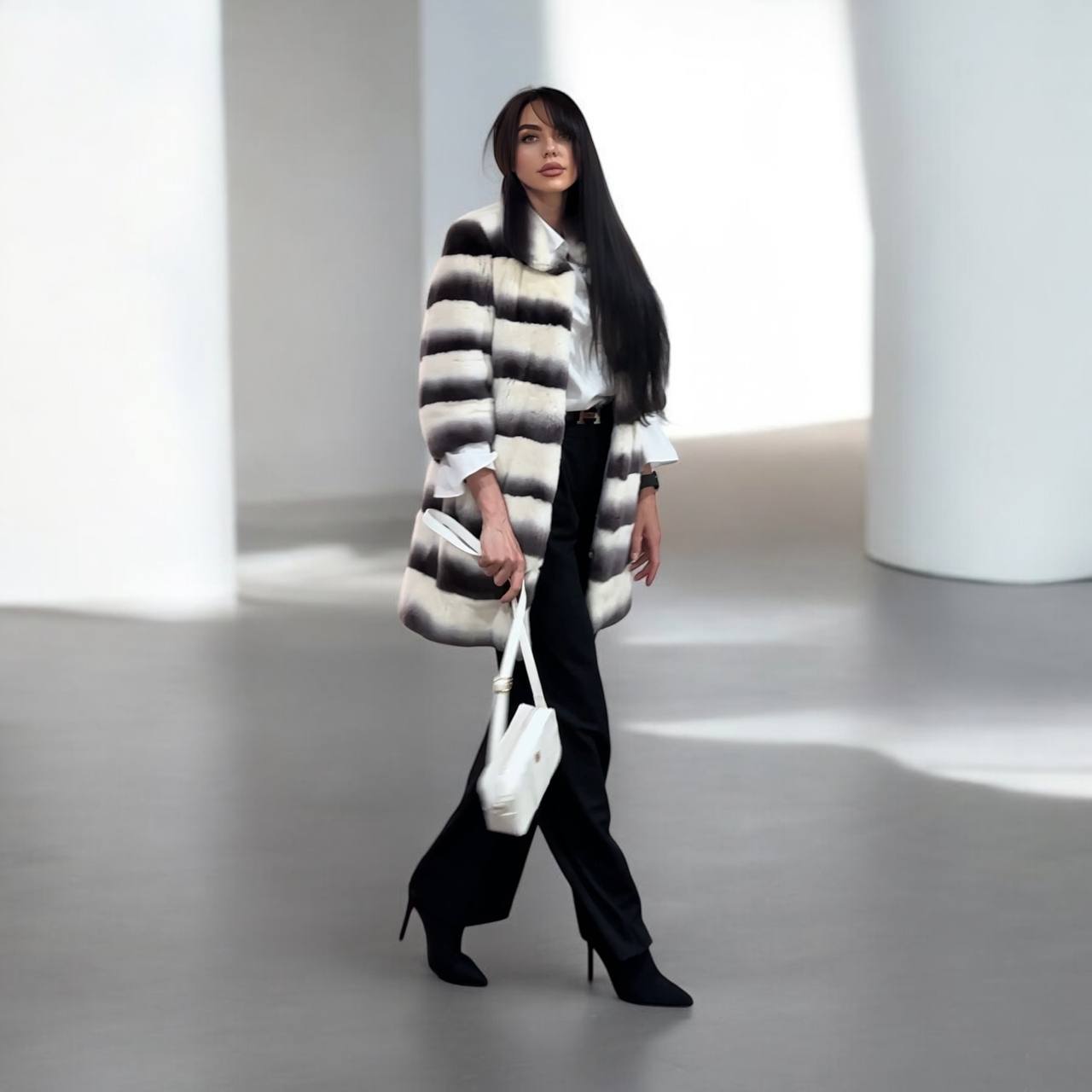 Luxury Womens Real Rex Rabbit Fur Coat Elegant Chinchilla Long size S women 1201129
