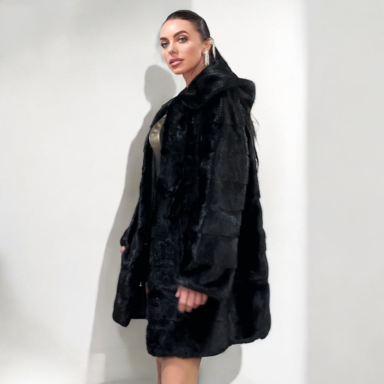 NEW REAL MINK FUR coat size L LARGE 1201116 HORIZONTAL long sleeve jacket BLACK