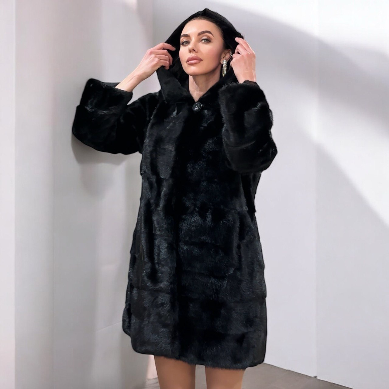 NEW REAL MINK FUR coat size L LARGE 1201116 HORIZONTAL long sleeve jacket BLACK