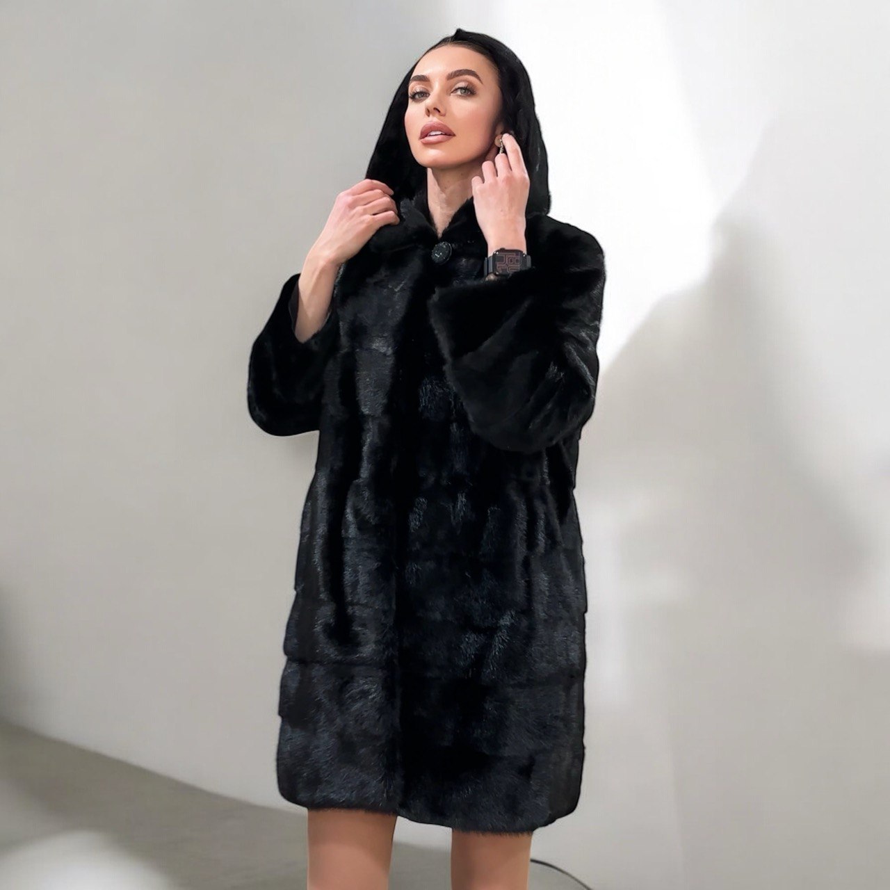 NEW REAL MINK FUR coat size L LARGE 1201116 HORIZONTAL long sleeve jacket BLACK