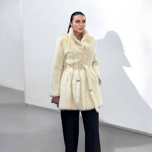 Luxury Womens Real 100% Mink FUR IVORY genuine coat BELTED 1201113 size S NEW
