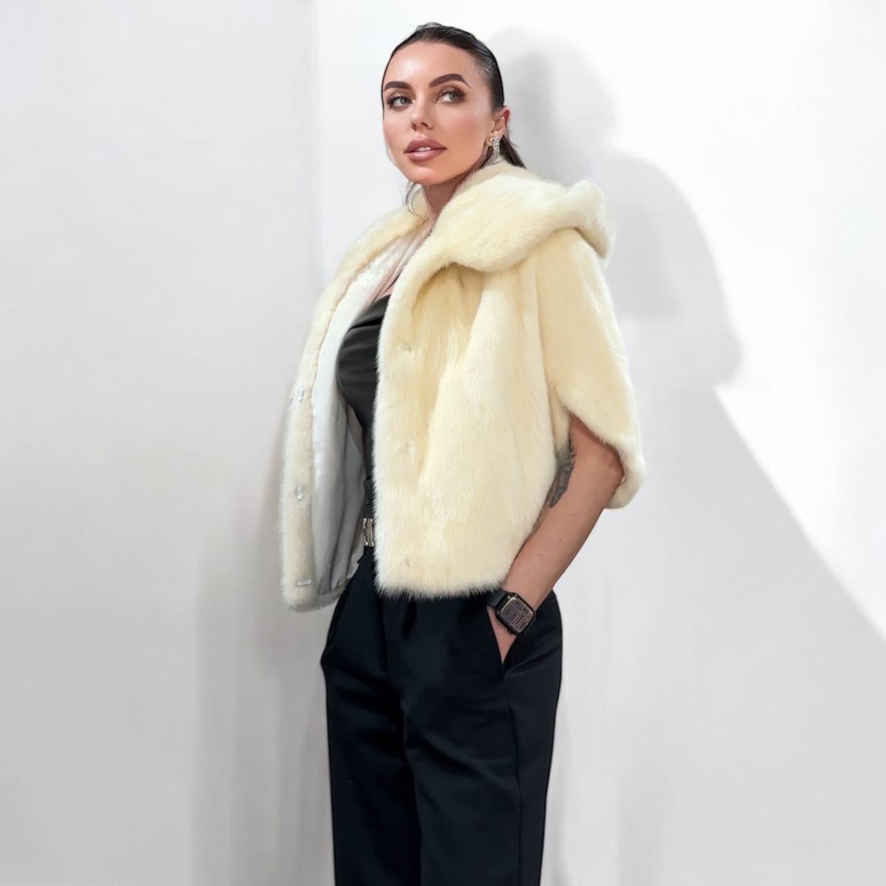 REAL New MINK BOMBER coat CAPE JACKET ONE SIZE XS S M 1201112 with HOOD WEDDING STYLE