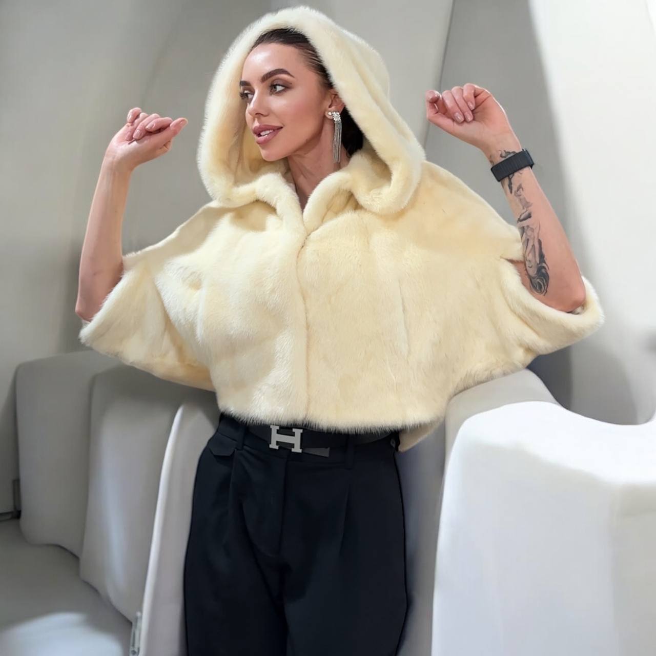 REAL New MINK BOMBER coat CAPE JACKET ONE SIZE XS S M 1201112 with HOOD WEDDING STYLE