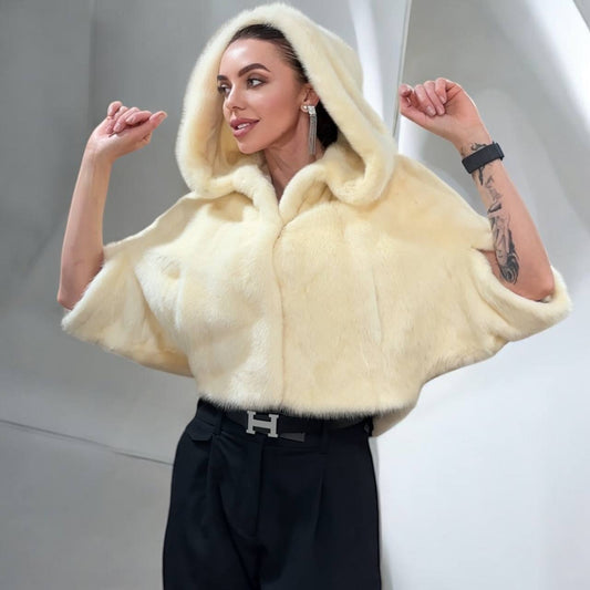 REAL New MINK BOMBER coat CAPE JACKET ONE SIZE XS S M 1201112 with HOOD WEDDING STYLE