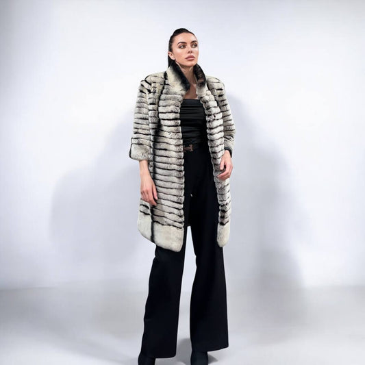 Womens Real FUR JACKET Rex Rabbit Coat Elegant Chinchilla Long size M women 1201108