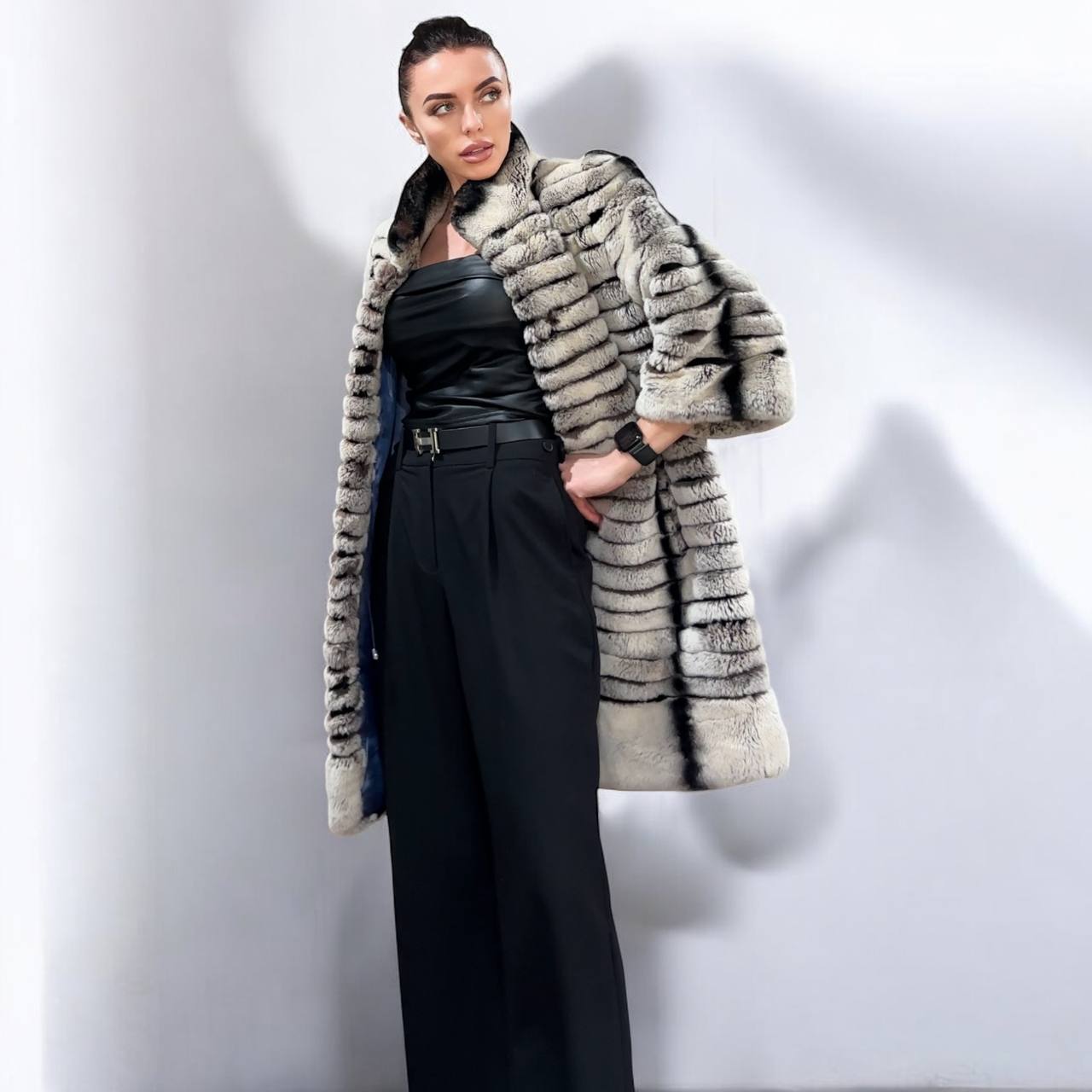 Womens Real FUR JACKET Rex Rabbit Coat Elegant Chinchilla Long size M women 1201108