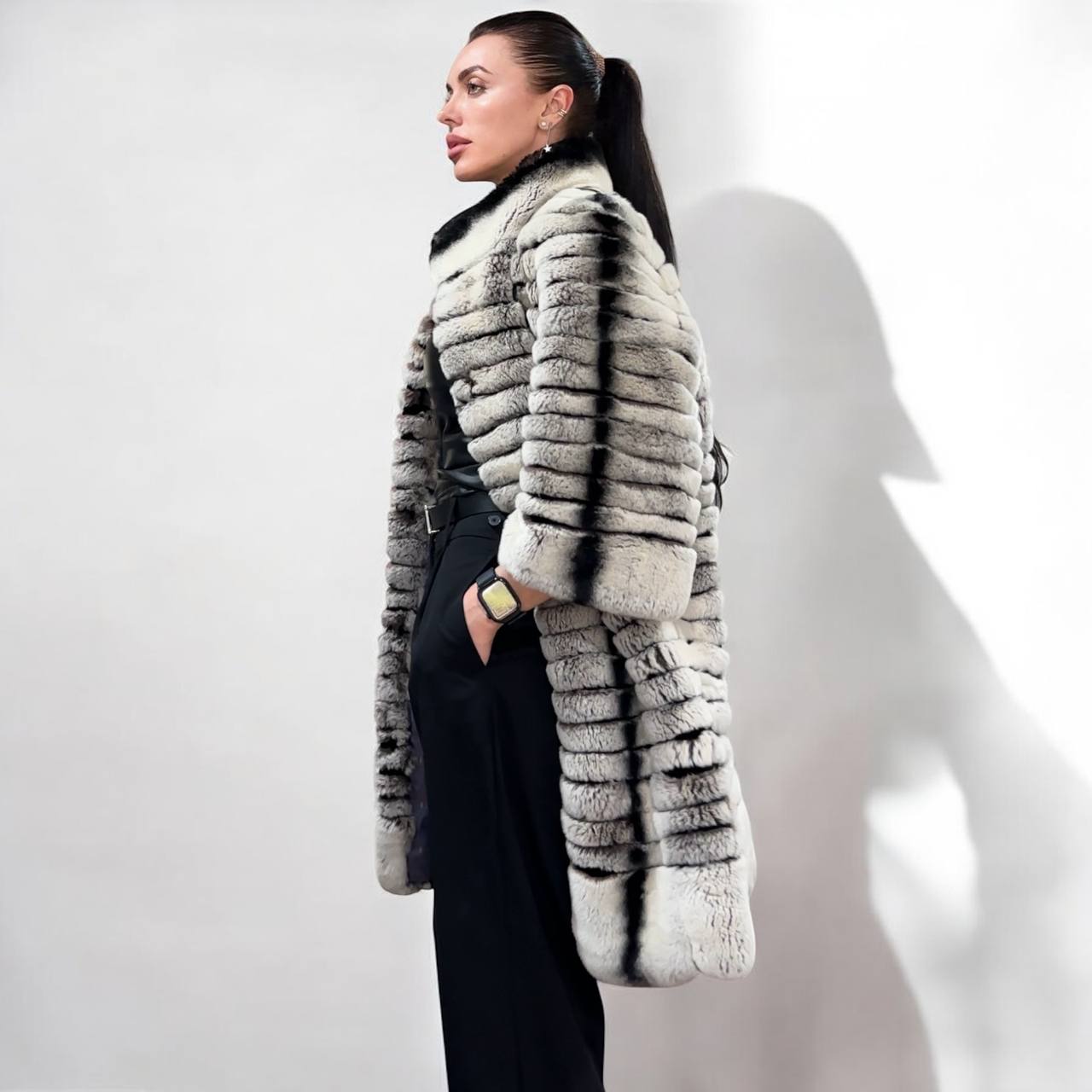 Womens Real FUR JACKET Rex Rabbit Coat Elegant Chinchilla Long size M women 1201108
