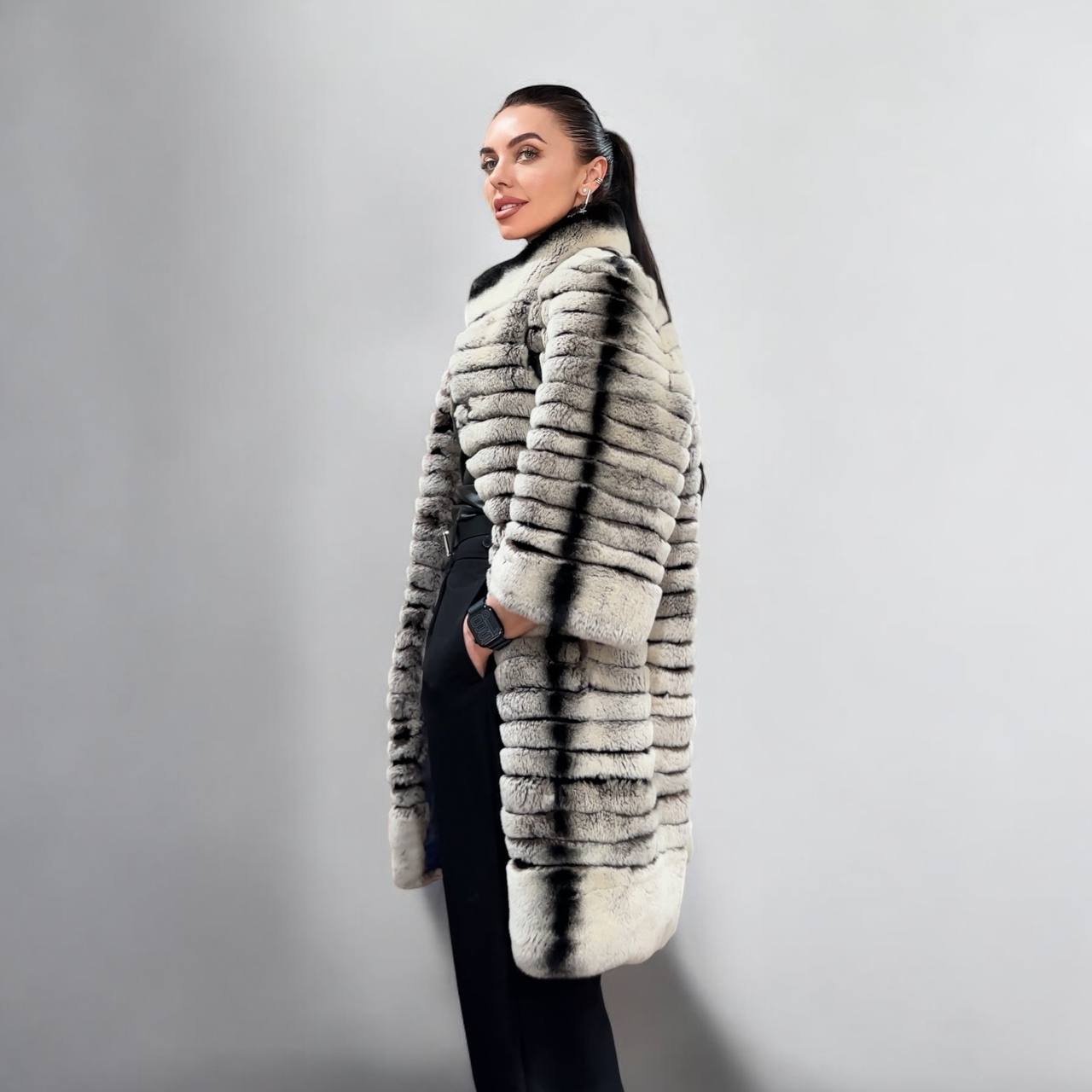 Womens Real FUR JACKET Rex Rabbit Coat Elegant Chinchilla Long size M women 1201108