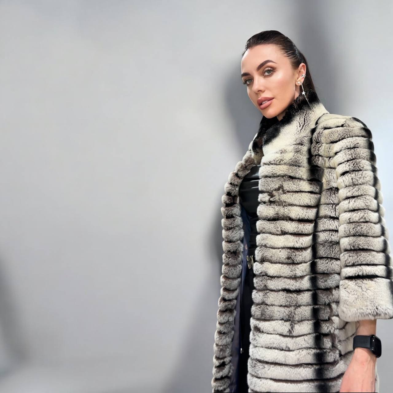 Womens Real FUR JACKET Rex Rabbit Coat Elegant Chinchilla Long size M women 1201108