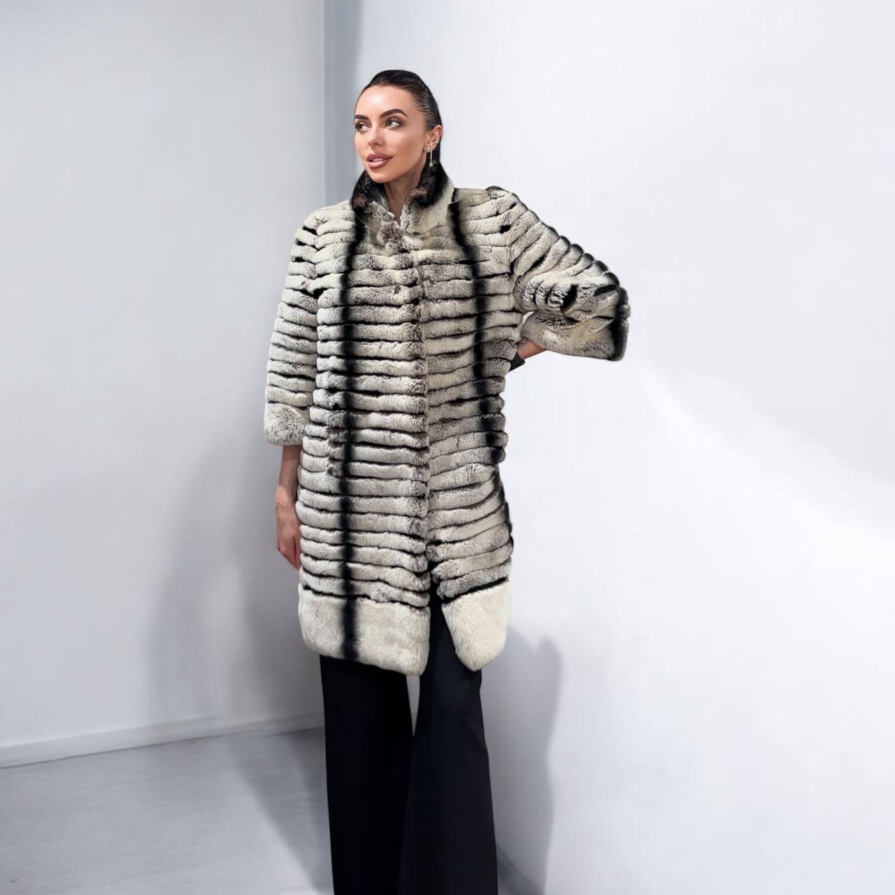 Womens Real FUR JACKET Rex Rabbit Coat Elegant Chinchilla Long size M women 1201108