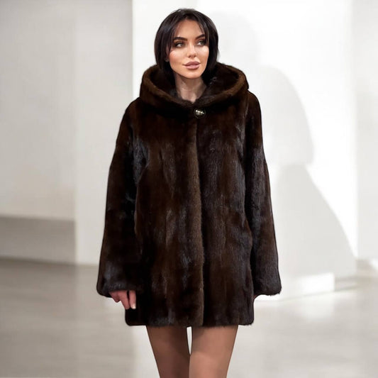 Real 100% MINK FUR 1201105 size XL brown HOODED BOMBER Coat Jacket