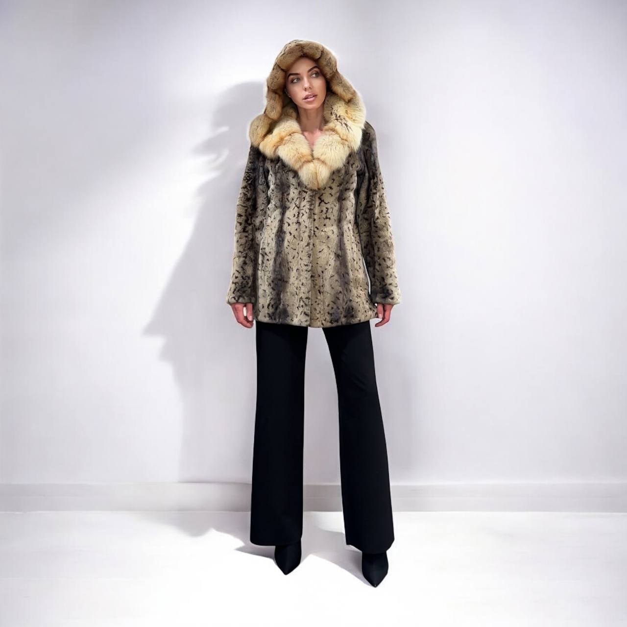 NEW Sheared Mink Jacket – Lynx Print – Red Fox Hooded– FURSTAR 1201138 S size