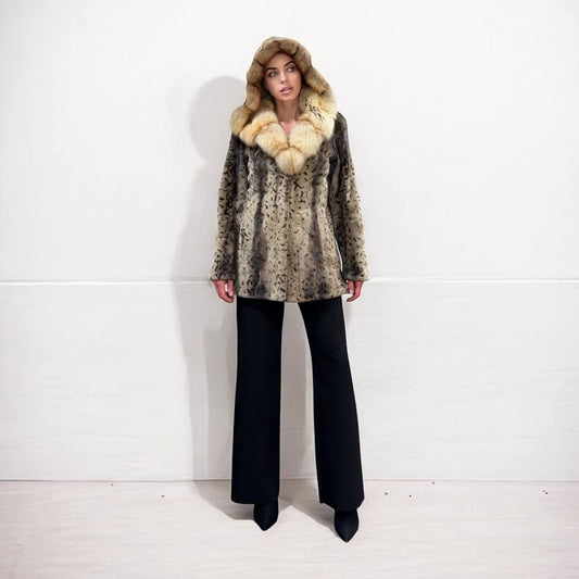 NEW Sheared Mink Jacket – Lynx Print – Red Fox Hooded– FURSTAR 1201138 S size