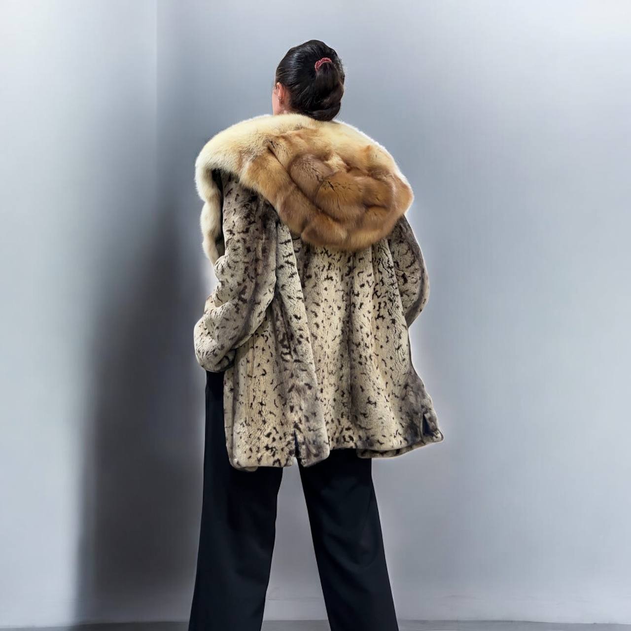 NEW Sheared Mink Jacket – Lynx Print – Red Fox Hooded– FURSTAR 1201138 S size