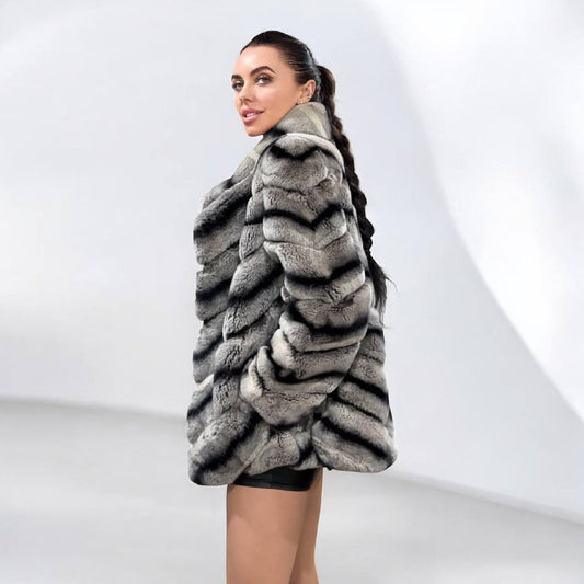 NEW Chinchilla Look Rex Rabbit Fur Jacket – Soft Luxury Coat – Size M 1201139
