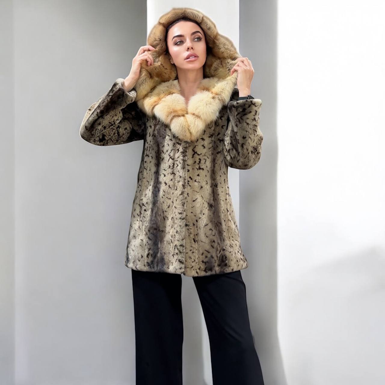 NEW Sheared Mink Jacket – Lynx Print – Red Fox Hooded– FURSTAR 1201138 S size