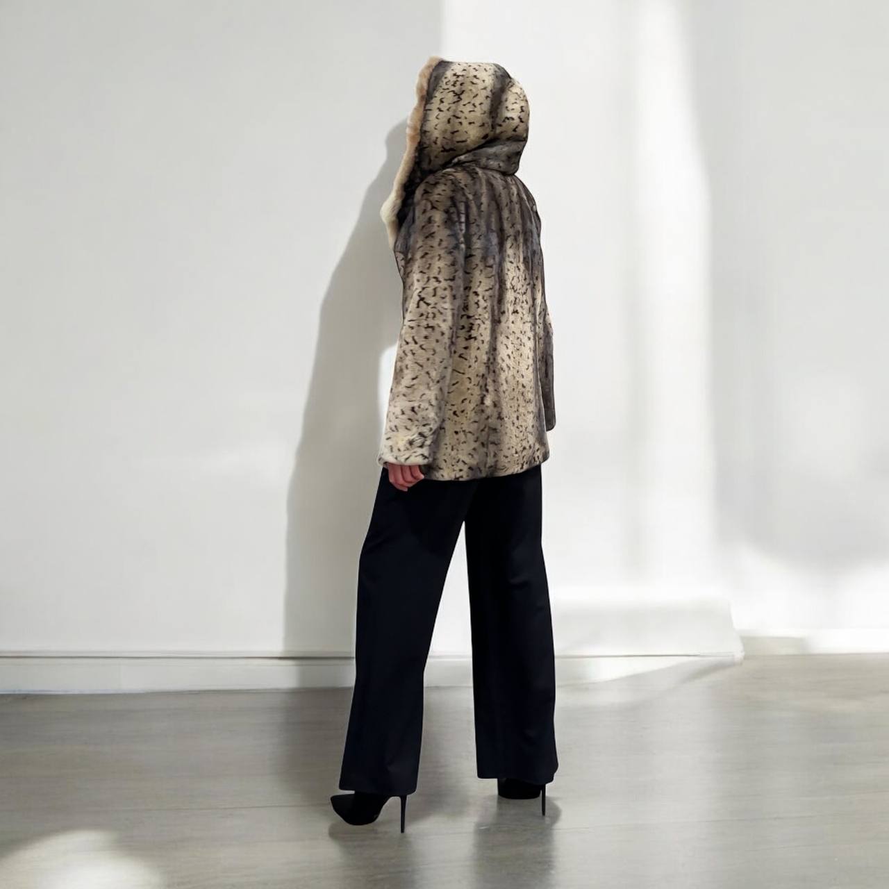 NEW Sheared Mink Jacket – Lynx Print – Red Fox Hooded– FURSTAR 1201138 S size