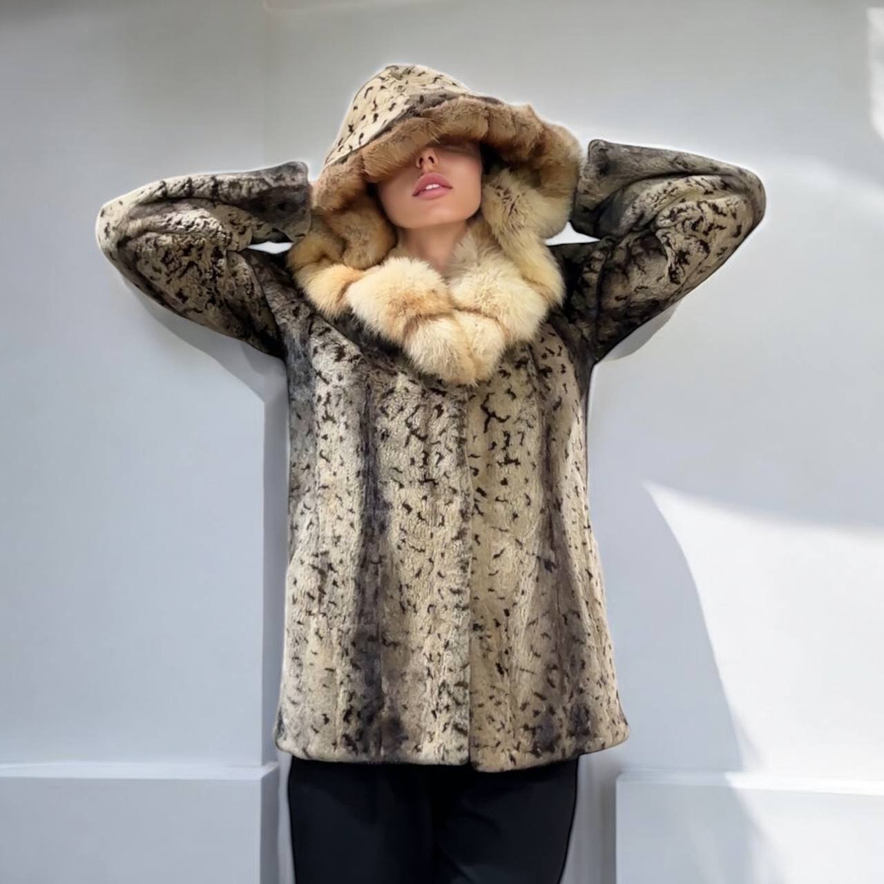 NEW Sheared Mink Jacket – Lynx Print – Red Fox Hooded– FURSTAR 1201138 S size