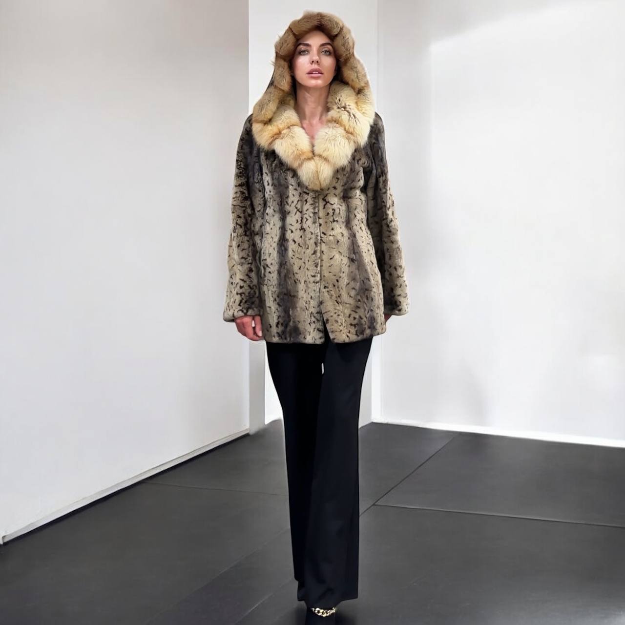 NEW Sheared Mink Jacket – Lynx Print – Red Fox Hooded– FURSTAR 1201138 S size