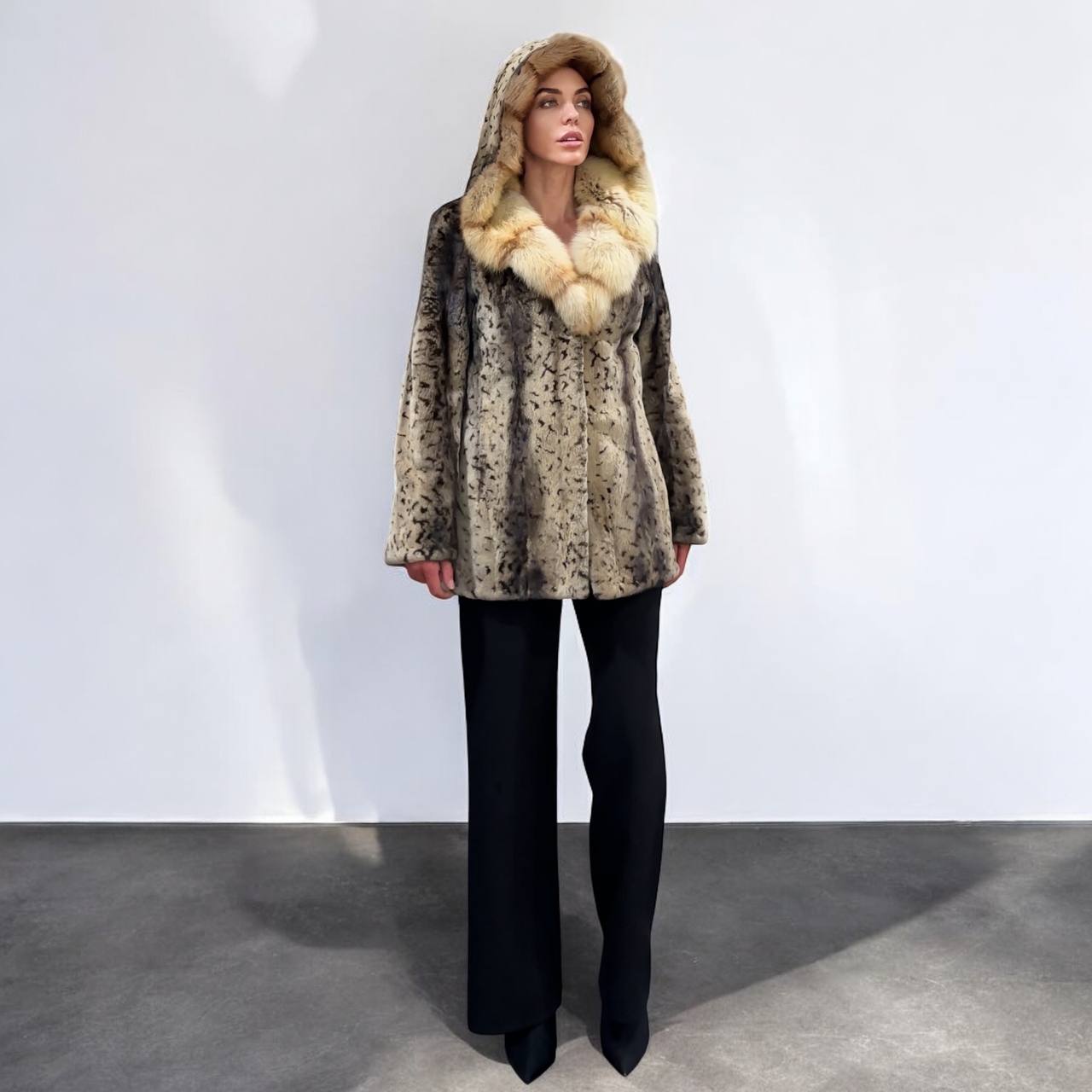 NEW Sheared Mink Jacket – Lynx Print – Red Fox Hooded– FURSTAR 1201138 S size