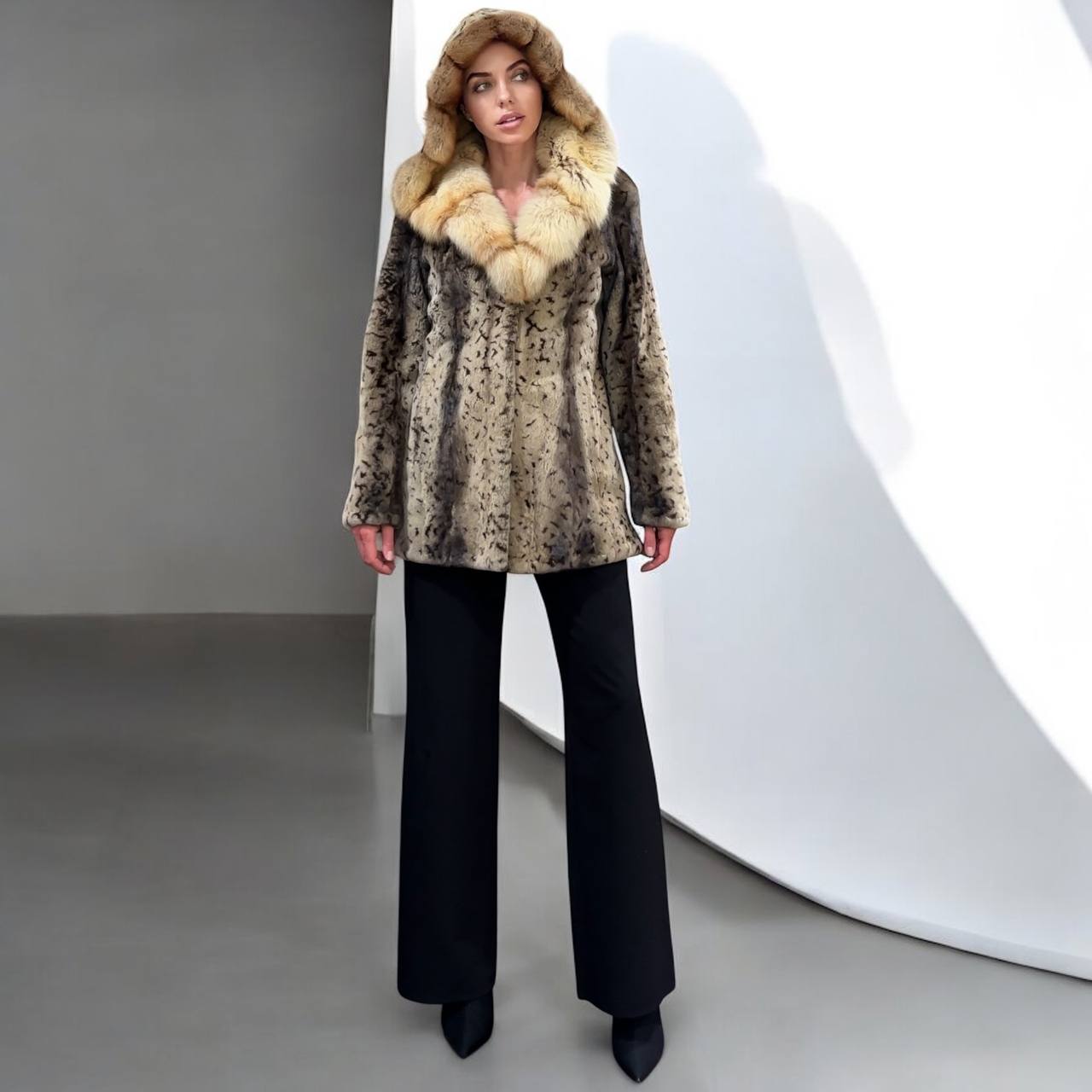 NEW Sheared Mink Jacket – Lynx Print – Red Fox Hooded– FURSTAR 1201138 S size