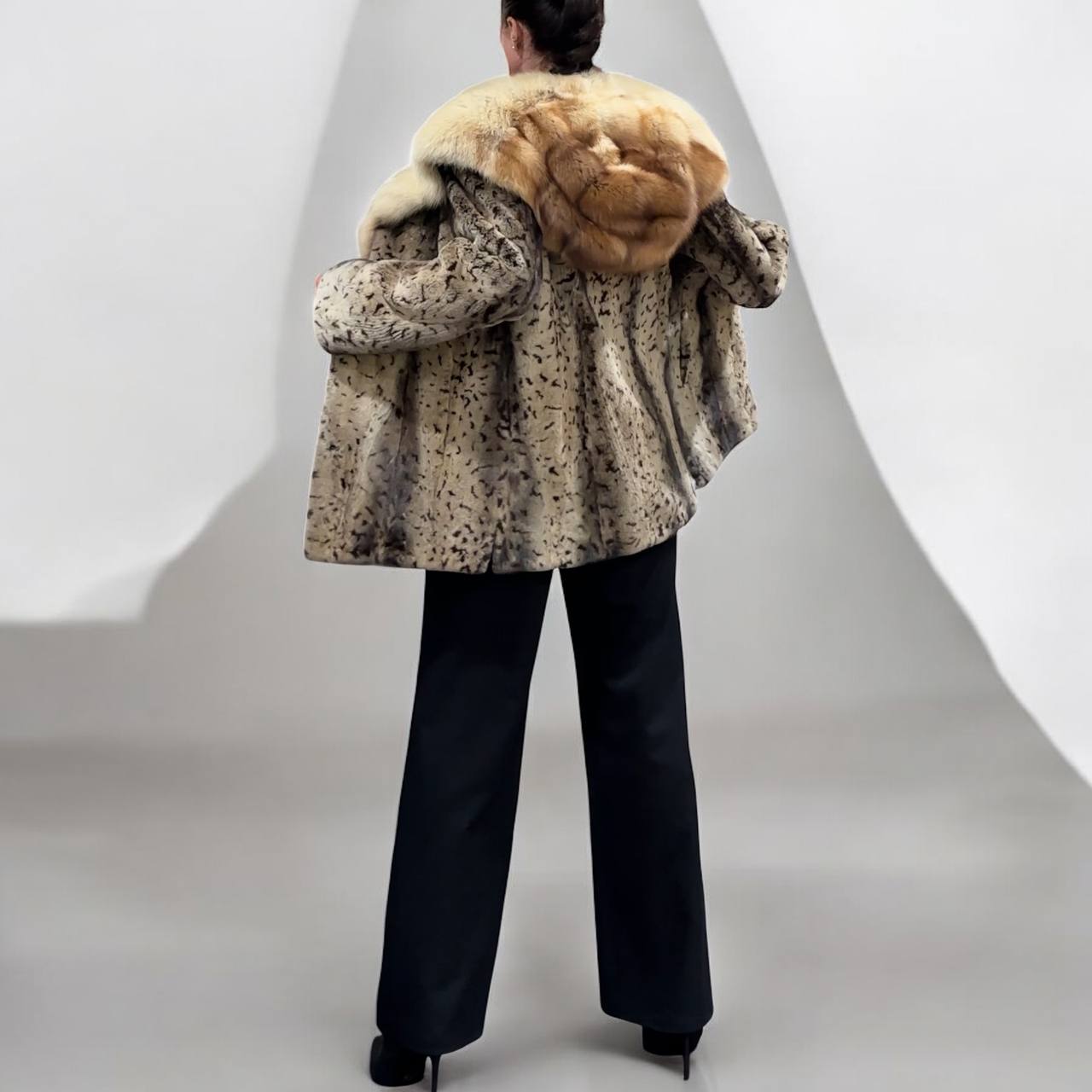 NEW Sheared Mink Jacket – Lynx Print – Red Fox Hooded– FURSTAR 1201138 S size