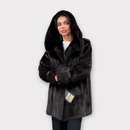 Real 100% MINK FUR 1201085 size L brown HOODED BOMBER Coat Jacket