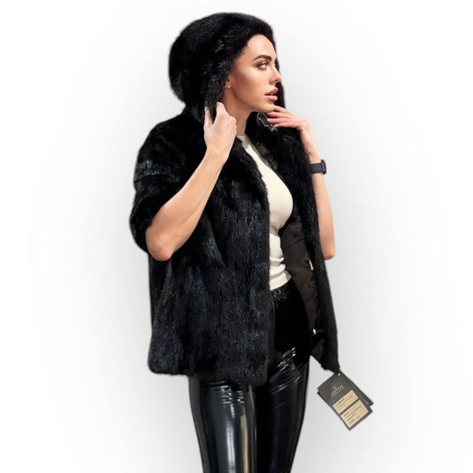 Womens Real 100% MINK FUR COAT 1201078 size S Hooded Jacket VEST BLACK