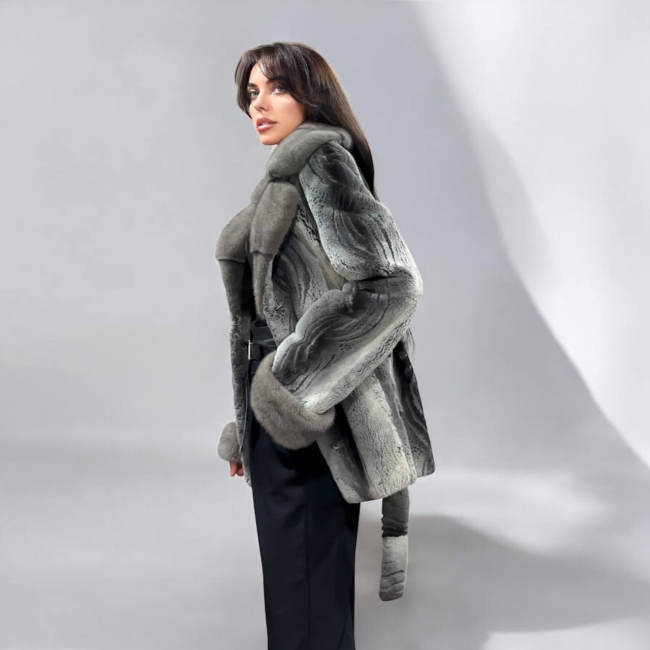 Stunning Karakul Astrakhan Fur Jacket M size with Mink Fur Details 1201134 GREY