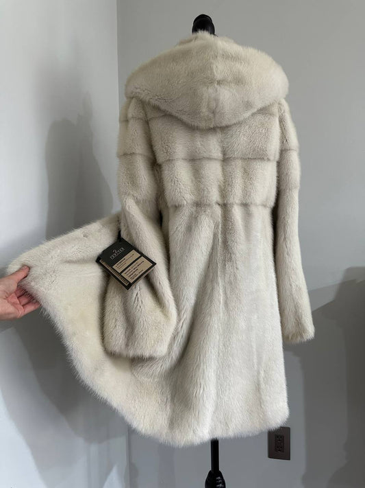 New REAL Natural Mink FUR coat JACKET size S ivory FULL SKIN 1201080 HOODED