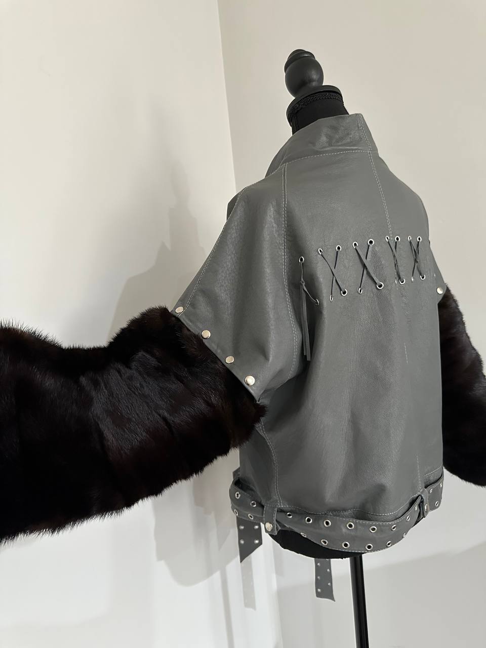 GENUINE REAL Mink Fur gray Sheep Leather Biker Jacket Women SIZE M 1109941