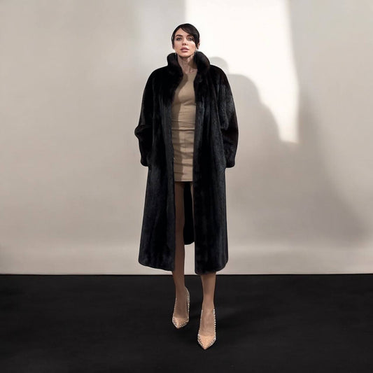 Women Real Mink Fur coat long dark brown color size 2XL NEW 1109961 FURSTAR