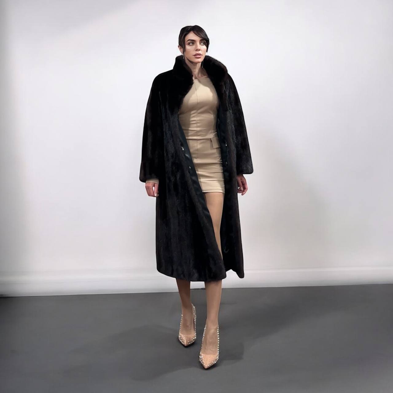 Women Real Mink Fur coat long dark brown color size 2XL NEW 1109961 FURSTAR