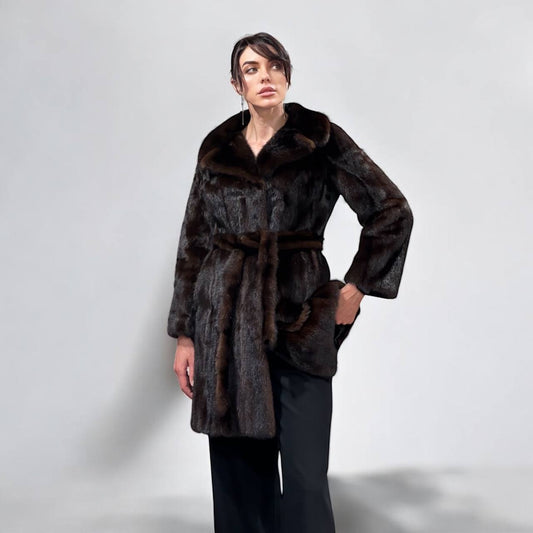 Women Real GENUINE Mink Fur coat belted brown chocolate size S NEW 1109935 FURSTAR