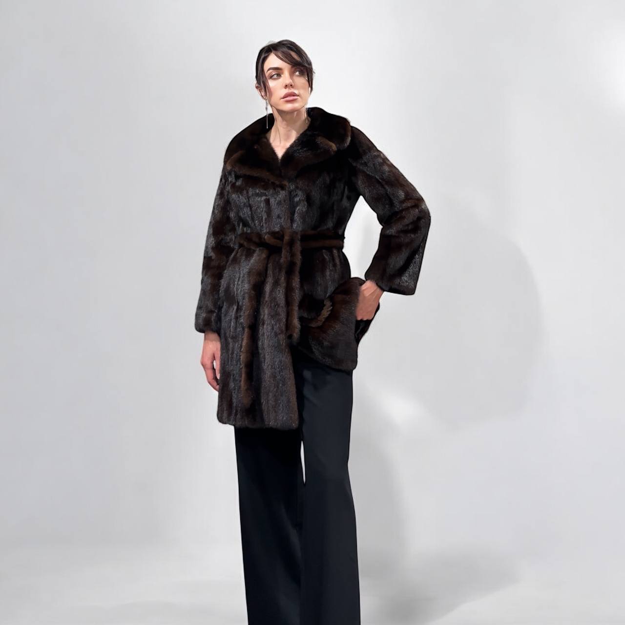 Women Real GENUINE Mink Fur coat belted brown chocolate size S NEW 1109935 FURSTAR