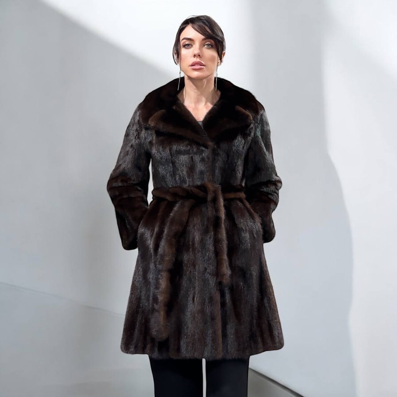 Women Real GENUINE Mink Fur coat belted brown chocolate size S NEW 1109935 FURSTAR