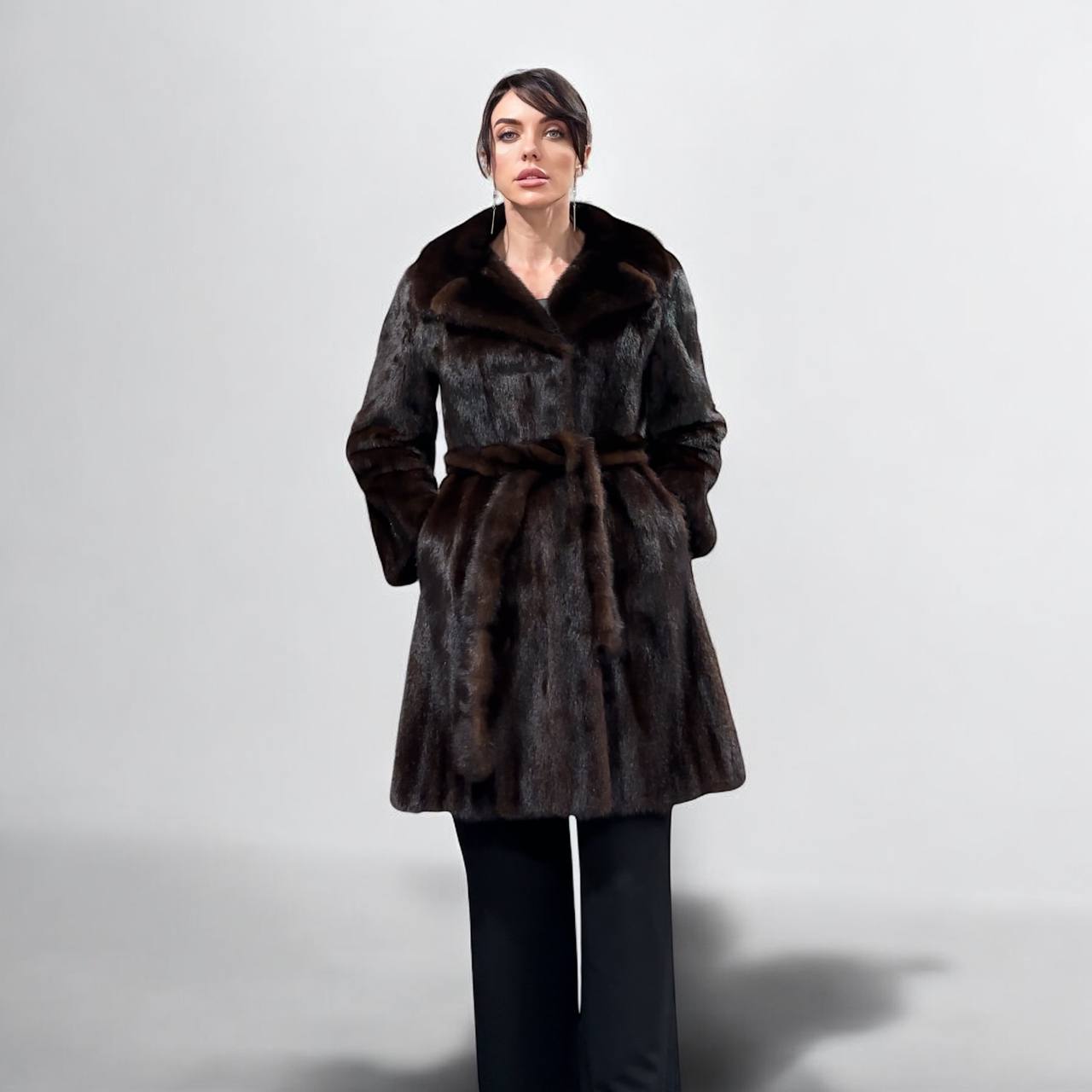 Women Real GENUINE Mink Fur coat belted brown chocolate size S NEW 1109935 FURSTAR