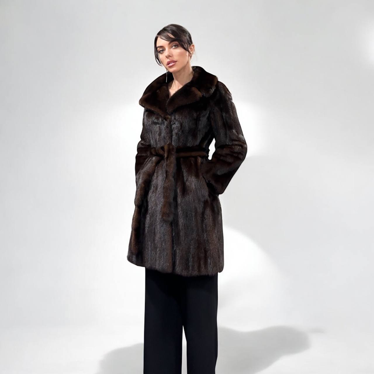 Women Real GENUINE Mink Fur coat belted brown chocolate size S NEW 1109935 FURSTAR