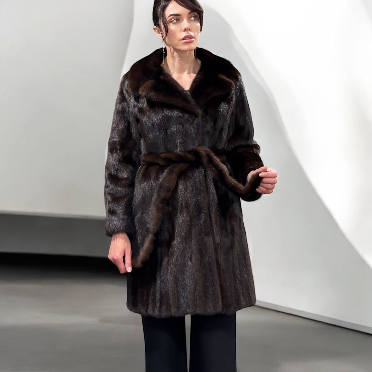Women Real GENUINE Mink Fur coat belted brown chocolate size S NEW 1109935 FURSTAR