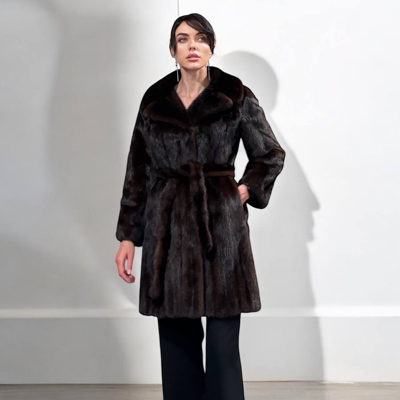 Women Real GENUINE Mink Fur coat belted brown chocolate size S NEW 1109935 FURSTAR