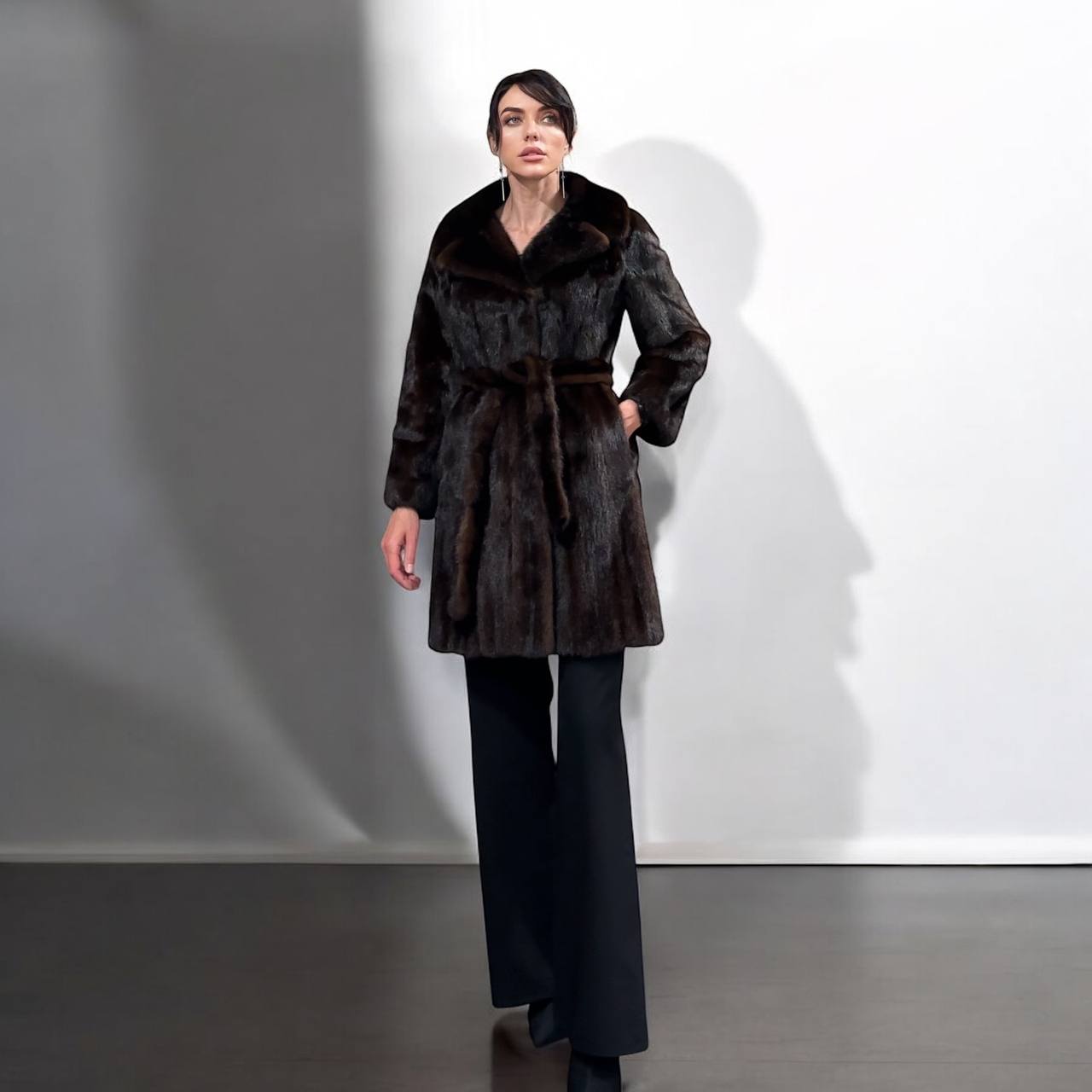Women Real GENUINE Mink Fur coat belted brown chocolate size S NEW 1109935 FURSTAR