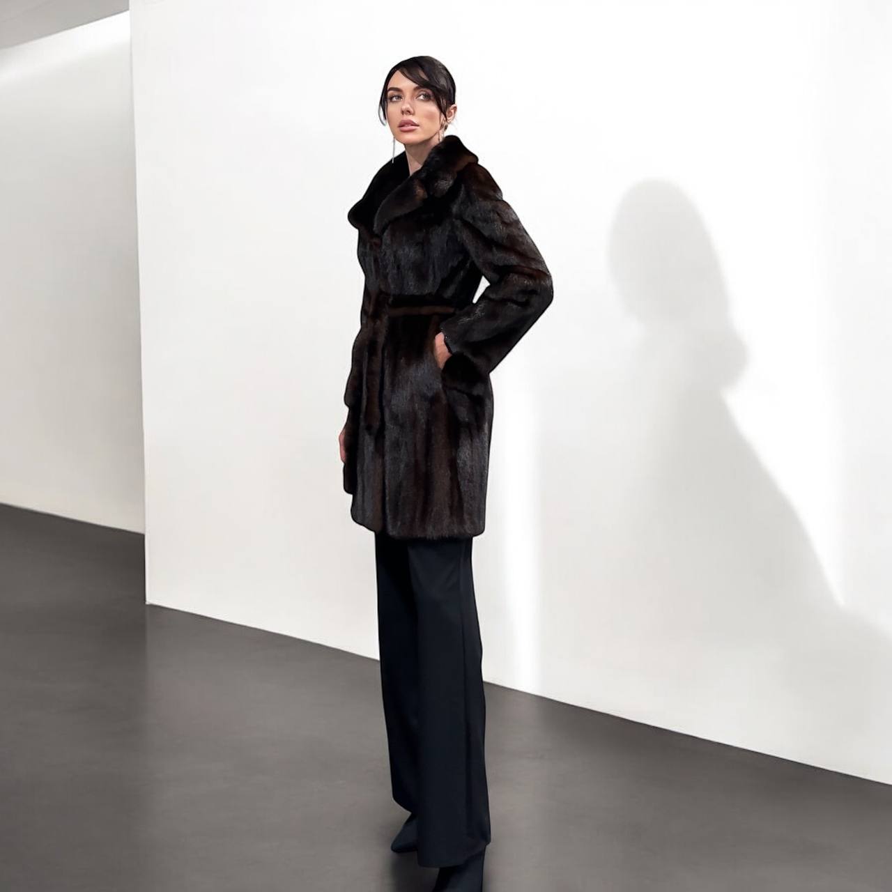 Women Real GENUINE Mink Fur coat belted brown chocolate size S NEW 1109935 FURSTAR