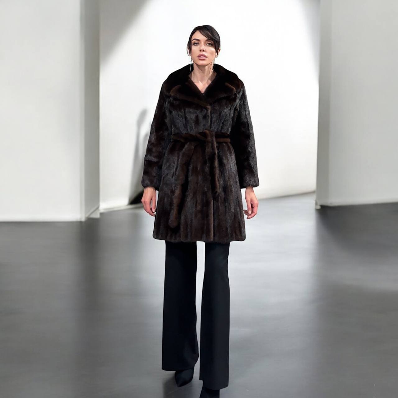 Women Real GENUINE Mink Fur coat belted brown chocolate size S NEW 1109935 FURSTAR