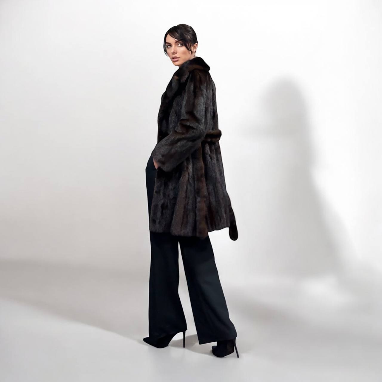 Women Real GENUINE Mink Fur coat belted brown chocolate size S NEW 1109935 FURSTAR