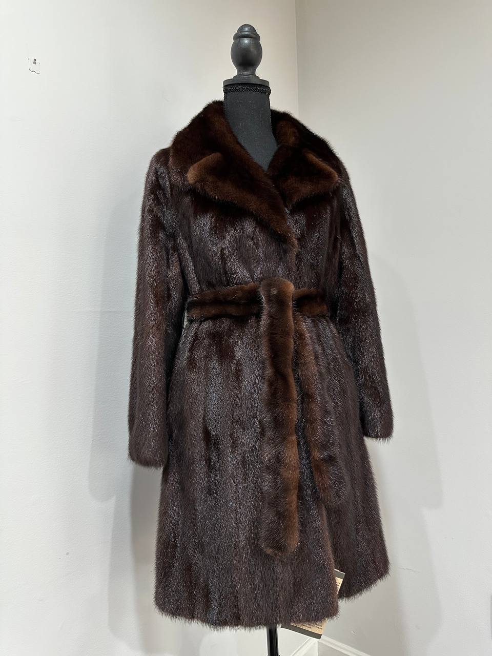 Women Real GENUINE Mink Fur coat belted brown chocolate size S NEW 1109935 FURSTAR