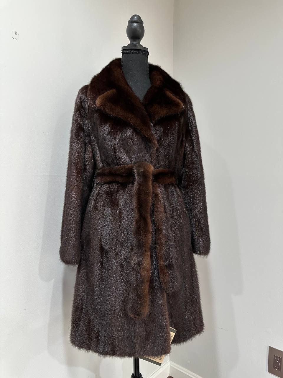 Women Real GENUINE Mink Fur coat belted brown chocolate size S NEW 1109935 FURSTAR