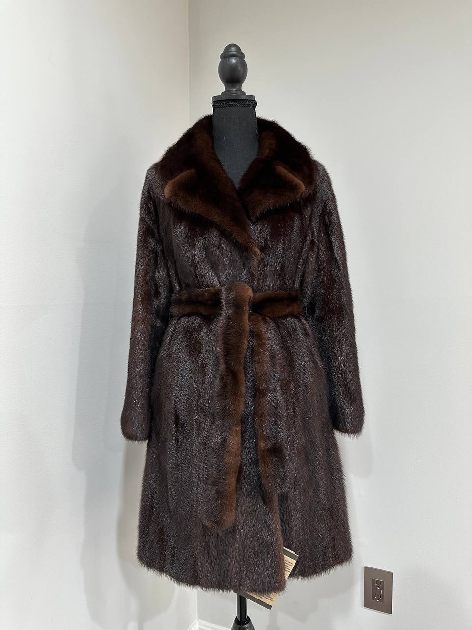 Women Real GENUINE Mink Fur coat belted brown chocolate size S NEW 1109935 FURSTAR